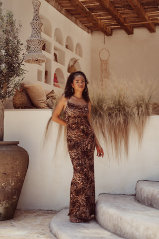 Maxi jurk panterprint bruin - Bobbie