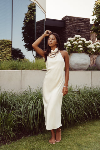 Midi jurk halter satijn beige - Iris