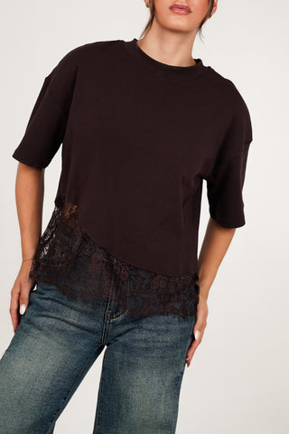 Oversize T-shirt z koronkowym dołem, fioletowy – Elvia