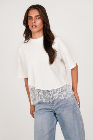 Oversized t-shirt met kanten onderzijde wit  - Elvia