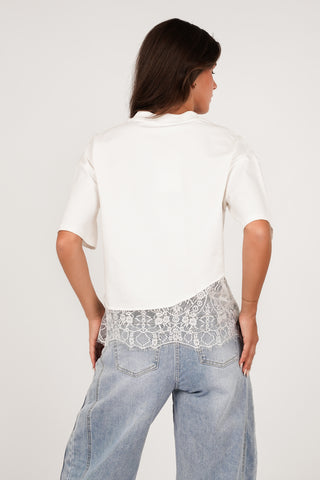 Oversized t-shirt met kanten onderzijde wit  - Elvia