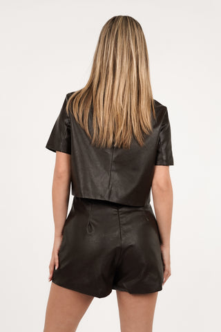 Leatherlook korte mouw blouse bruin - Tori