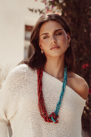 Lange ketting kralen blauw/rood - Macy