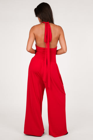 Jumpsuit stretch met v-hals rood - Dilan