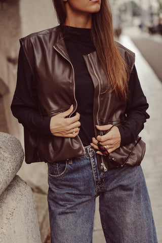 Gilet leatherlook bomber bruin - Yuna
