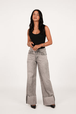 Wide leg jeans met omslag grijs - Flynn