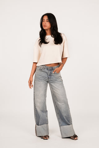 Wide leg jeans met omslag blauw - July