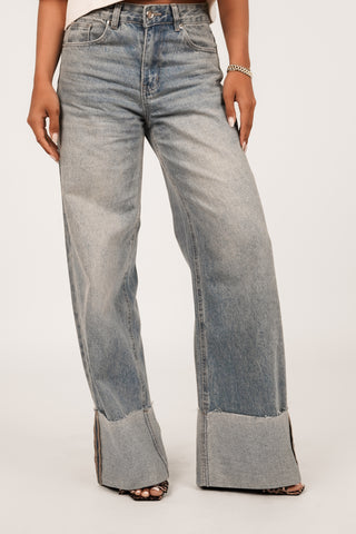Wide leg jeans met omslag blauw - July
