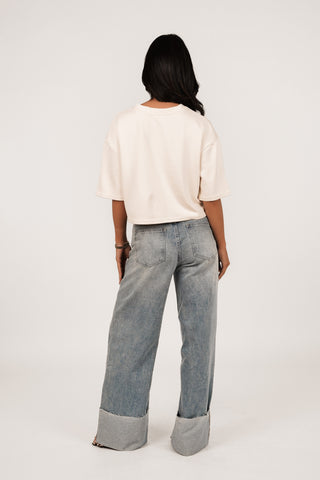 Wide leg jeans met omslag blauw - July