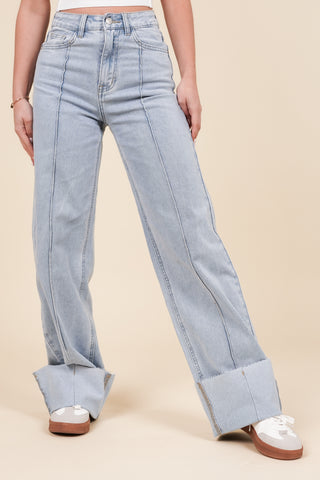 Tall straight jeans met bies en omslag blauw - Lulu