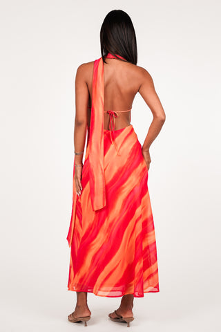 Maxi jurk met sjaal detail oranje/roze - Morgan