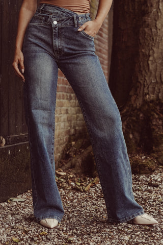 Wide leg jeans schuine knoop blauw - Regan