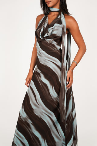 Maxi jurk met sjaal detail blauw/bruin - Morgan