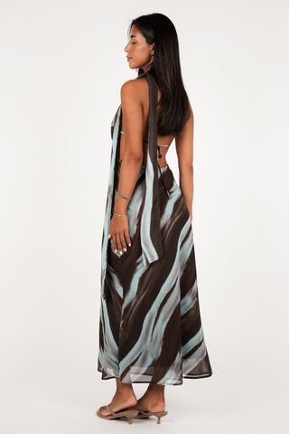 Maxi jurk met sjaal detail blauw/bruin - Morgan