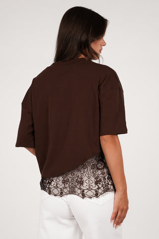 Oversized t-shirt met kanten onderzijde choco bruin  - Elvia