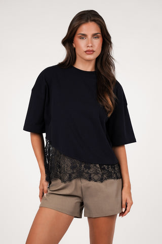 Oversized t-shirt met kanten onderzijde navy  - Elvia
