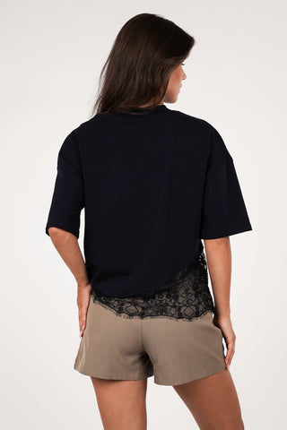 Oversized t-shirt met kanten onderzijde navy  - Elvia