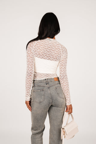 Kanten mesh top creme - Suze
