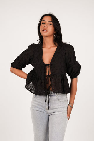 Broderie blouse met strikjes zwart - Kirsty