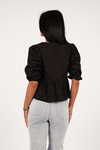 Broderie blouse met strikjes zwart - Kirsty