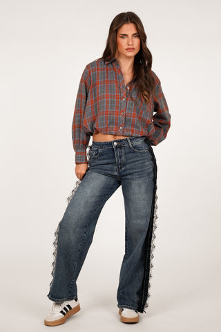 Petite straight leg jeans blauw met kant - Pomme
