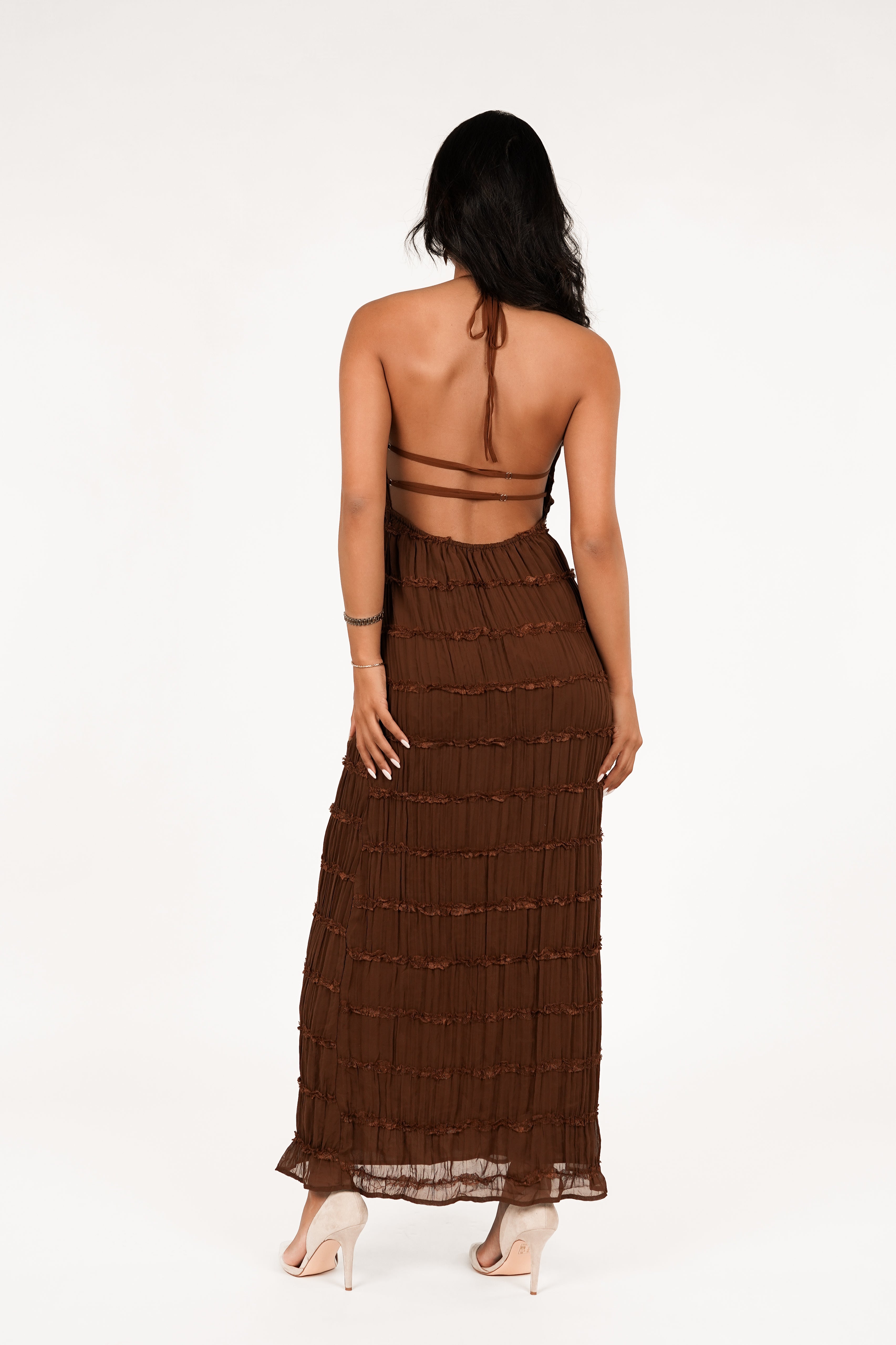 Jurken Jurk Blote Rug Maxi Jurk Met Halter En Open Rug Bruin