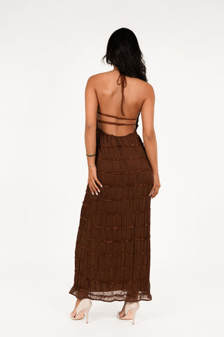 Maxi jurk met halter en open rug bruin - Romy