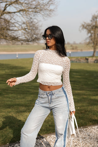 Kanten mesh top creme - Suze