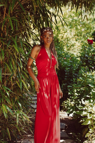 Jumpsuit stretch met v-hals rood - Dilan