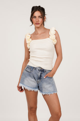 Mouwloze rib top met roosjes creme - Lydia