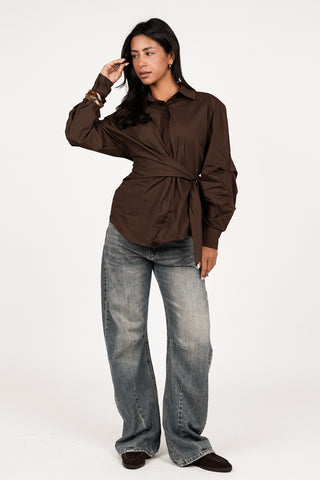 Oversized blouse met zijstrik bruin - Meerle