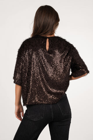 T-shirt met franjes en pailletten bruin - Leonie