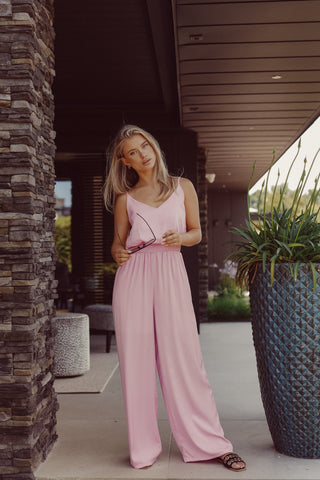 Wijde jumpsuit satin roze - Rowi