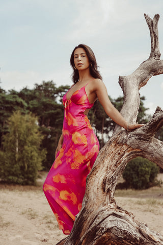 Satijnen maxi jurk fuchsia - Esli