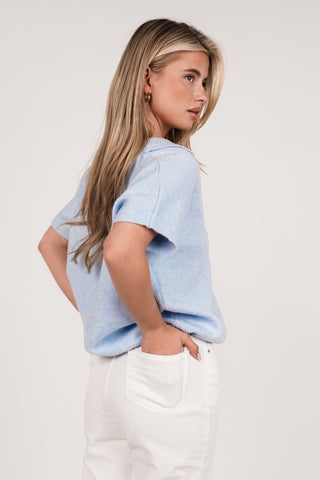 Wollen top korte mouw met v hals blauw - Avelie