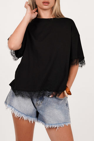 T-shirt met kant zwart - Bellami