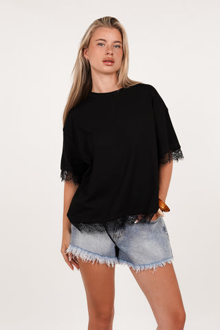 T-shirt met kant zwart - Bellami