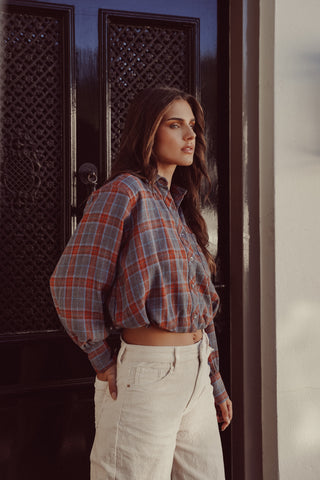 Cropped blouse geruit blauw - Alixa