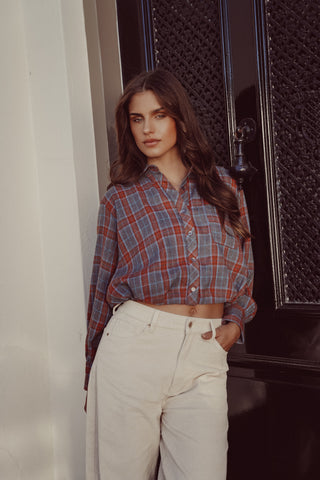 Cropped blouse geruit blauw - Alixa