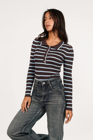 Gestreepte bodysuit met kraag bruin/blauw - Lulu