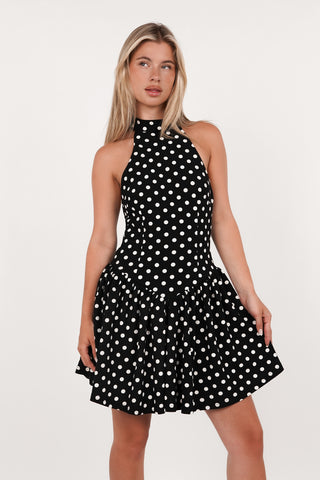 Halter jurkje met stippen zwart/wit - Helena