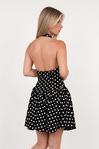 Halter jurkje met stippen zwart/wit - Helena