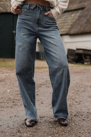 Balloon fit jeans met omgeslagen taille blauw - Moa