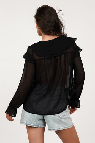 Wijde blouse dames met ruffles zwart - Jenny
