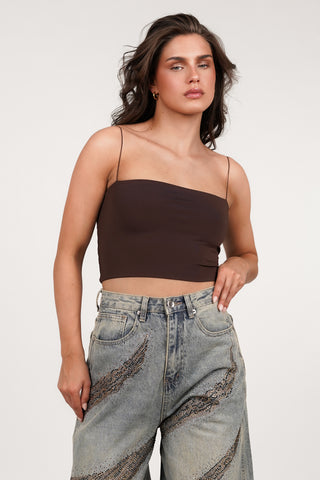 Crop top choco bruin met spaghettibandjes - Bless
