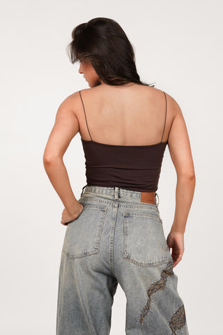 Crop top choco bruin met spaghettibandjes - Bless