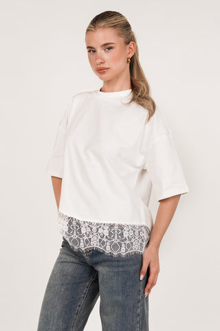 Oversized t-shirt met kanten onderzijde wit  - Elvia