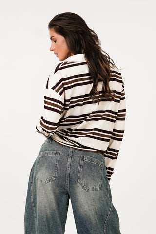 Polo sweater gestreept beige/bruin - Cato