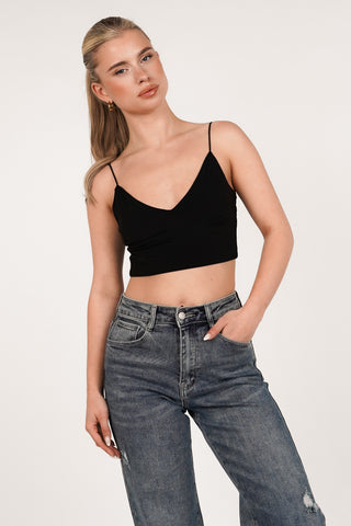 Crop top met v-hals en spaghetti bandjes zwart - Lottie