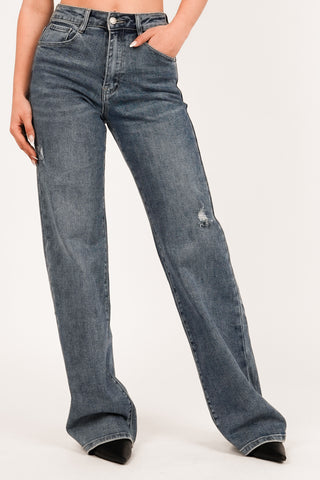 Straight leg jeans donker blauw destroyed - Joelle
